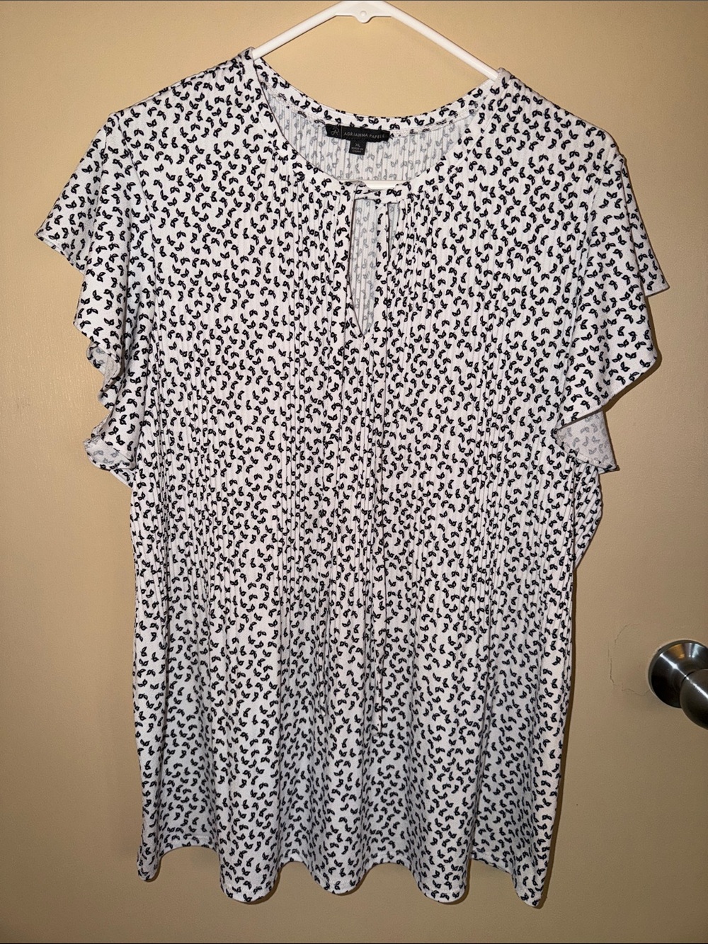 Adrianna Papell White Blouse with Black Micro Leaf Print and Tie Neck